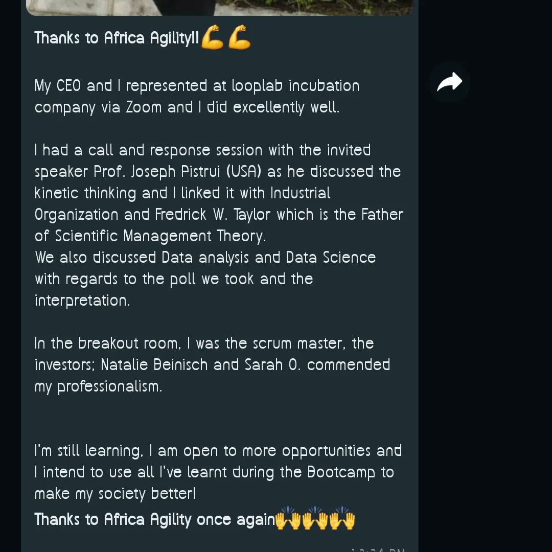 Africa Agility is intentionally closing the gender gap in technology by empowering African girls through Technology Education in digital and agile practices.

We love to read testimonials from our Girls In Tech Bootcamp Alumni! 
Well done Abigail 🎉

#GirlsInTech #AfricaAgility