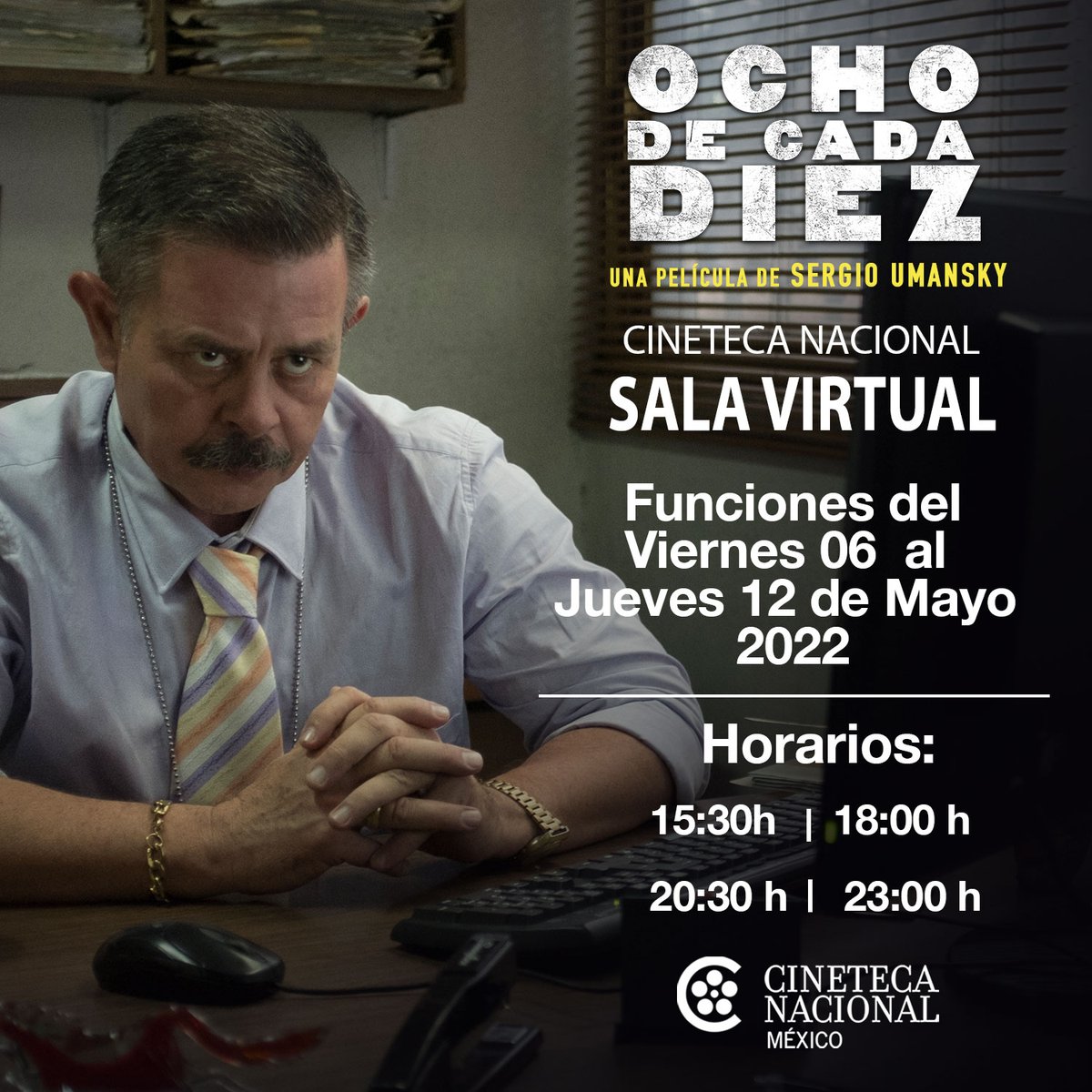 #OchoDeCadaDiez es el grito de amor en pro de la justicia.
Dirigida por Sergio Umansky, y con las actuaciones de <a href="/NoHernndez7/">Noé Hernández</a>, <a href="/danischmidtof/">danielaschmidtof</a>, <a href="/RaulBrionesC/">Briones 🇵🇸</a>.

Todavía puedes verla en 𝐒𝐀𝐋𝐀 𝐕𝐈𝐑𝐓𝐔𝐀𝐋 de <a href="/CinetecaMexico/">Cineteca Nacional</a> 👉  bit.ly/3rEHf8Y