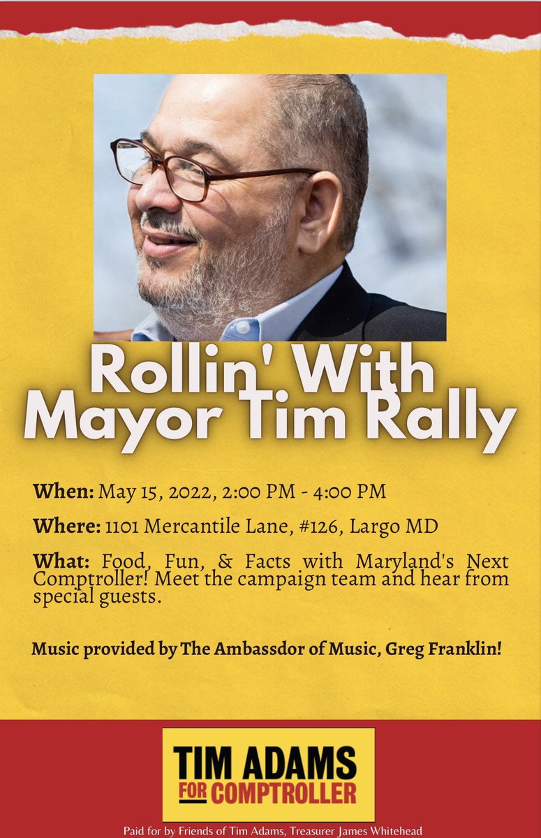 Tim4MD's tweet photo. Join us at the Rollin' with Mayor Tim Rally this Sunday at our campaign office! https://t.co/h8czByX636