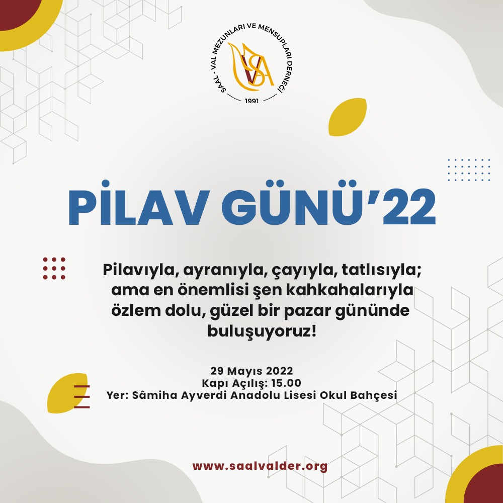 saalvalder's tweet photo. Özlem sona eriyor, SAALVALlılar buluşuyor!

SAAL-VAL Mezunları ve Mensupları Derneği’nin hasretle beklenen “Pilav Günü’22” gerçekleşiyor. 29 Mayıs’ta lisemizin bahçesinde gerçekleşecek olan etkinliğimize herkesi bekliyoruz. Kavuşmaya hazır olun!
#saalvalder #geçmiştengeleneğe https://t.co/24JldC9MWc