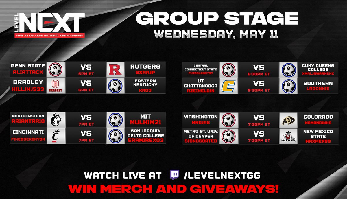 LevelNextGG's tweet photo. 📢 TONIGHT 📢

Don't miss out!

We're crowning the final 8 Conference Champions of the LevelNext FIFA 22 College National Championship.

🕕 6pm ET
🏆 Guest talent, giveaways, and more!
📺 https://t.co/IZvHbacBGx https://t.co/4ro2W3e75F