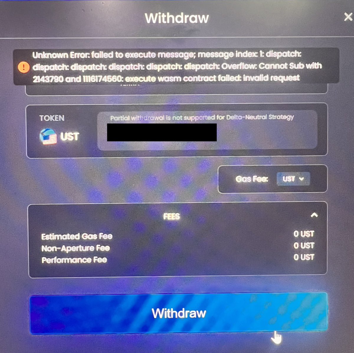 cuhowell's tweet photo. @ApertureFinance @mirror_protocol Yes me too. There is a error message. Not sure if same with the others https://t.co/9qKtTB6LJ2