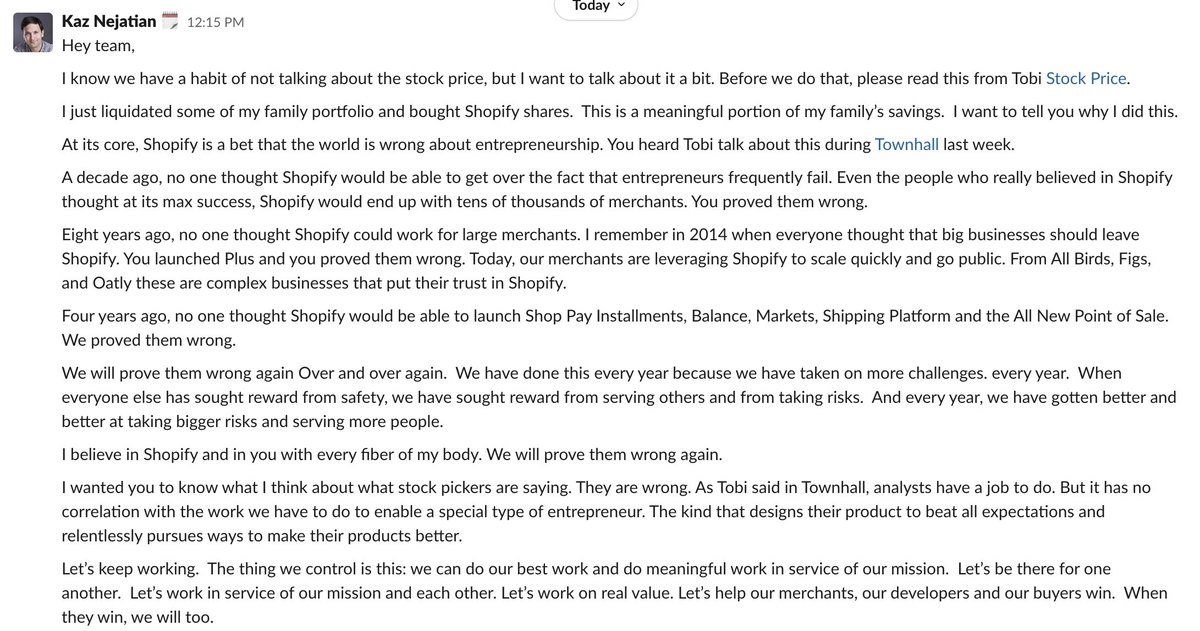 nejatian's tweet photo. This morning, I liquidated some of my family's portfolio and bought a significant amount of $SHOP and for the first time ever talked to our team at Shopify about the stock price. https://t.co/KzleJ7XzTH