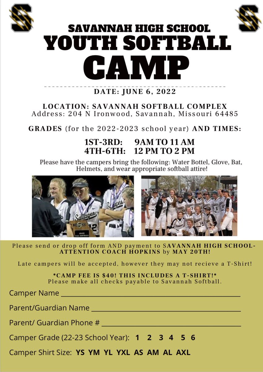 SAVANNAH YOUTH SOFTBALL CAMP! 
Grades 1-6! 
Please fill out the form below and join us for some softball! 🥎