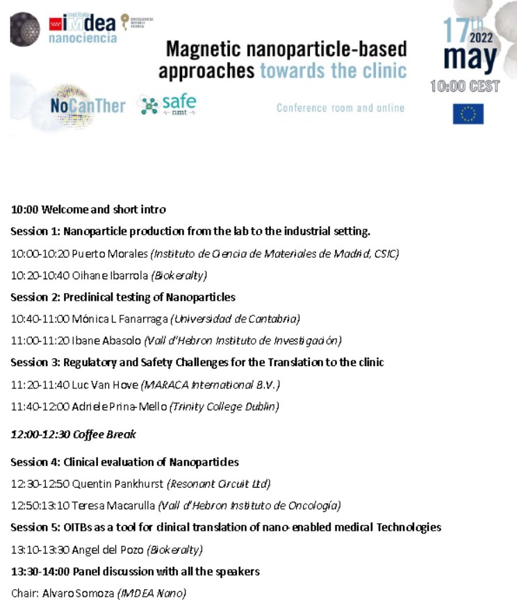 .<a href="/IMDEA_Nano/">IMDEA Nanociencia 🔬</a> hosts the Final Meeting of <a href="/NoCanTher/">NoCanTher</a> project: Magnetic nanoparticle-based approaches towards the clinic. 

📆17th May 10:00 CEST.
Registration and agenda at🔗nanociencia.imdea.org/home-en/events…

#EUfunded #H2020