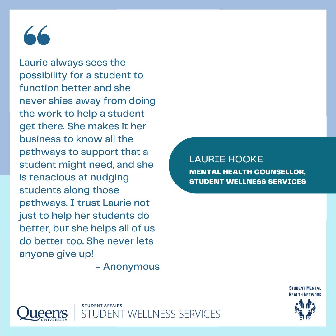 Champion for Mental Health, Laurie Hooke, Mental Health Counsellor, Student Wellness Services. Thank you for all that you do to support student mental health and wellbeing. Click the link in the bio to hear what this educator has to say about student mental health. #queensu