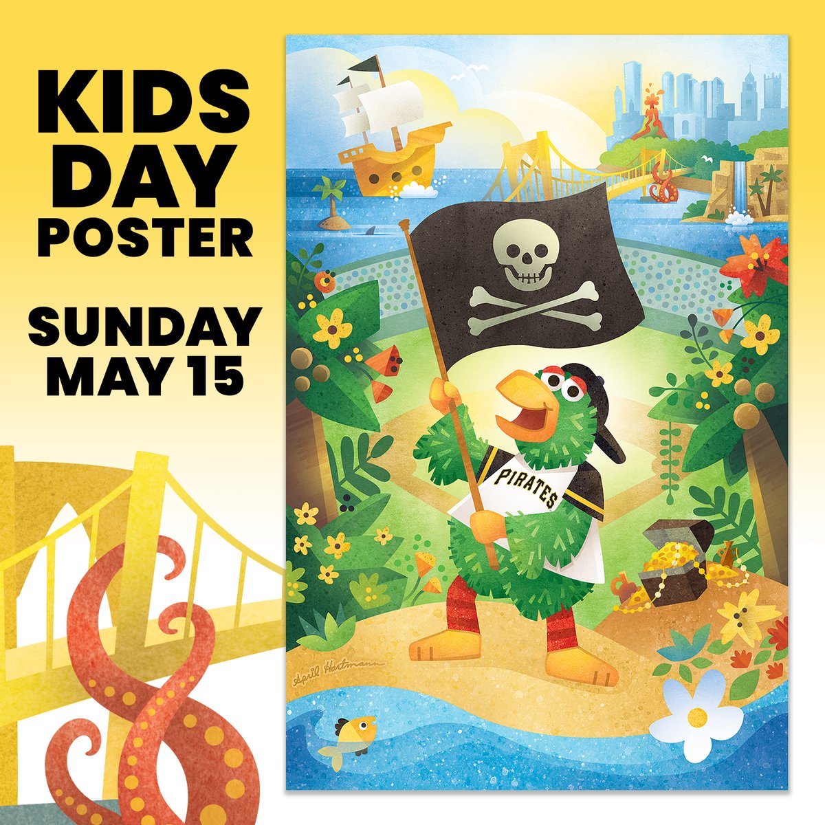 Big news! 🤩 I was commissioned to #illustrate this Kid’s Day Poster for @pittsburghpirates! 🏴‍☠️💛🏴‍☠️💛 At the May 15th game, all kids age 14 and younger will receive their very own Parrot poster. 

#letsgobucs #pgh #mlbmascot  #illustration #childrensbooks