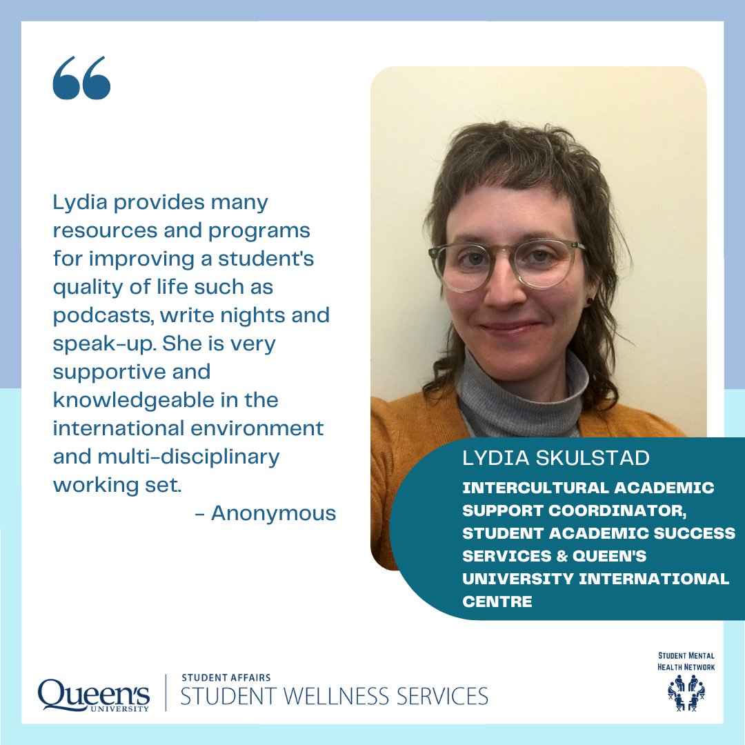 Champion for Mental Health, Lydia Skulstad, Intercultural Academic Support Coordinator! Thank you for all that you do to support student mental health and wellbeing. Click the link in the bio to hear what this educator has to say about student mental health. #queensu