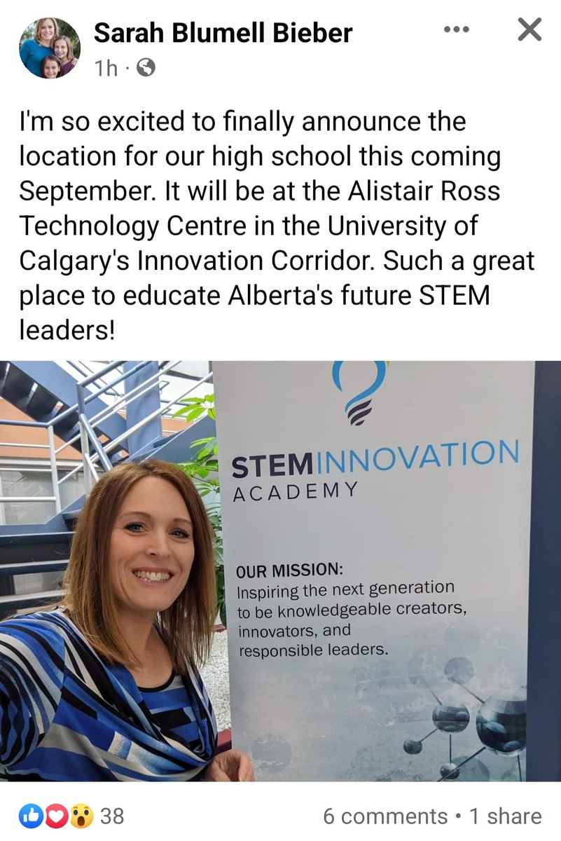consultingmania's tweet photo. OK, allow me a moment to gush. My niece is part of the founding team that is starting the STEM Innovation Academy high school in Calgary.  I hope the innovation community will embrace &amp; support this endeavor. @ABInnovates
@LanTanElevates @rickdavidsonyeg https://t.co/mHZOdayH0n