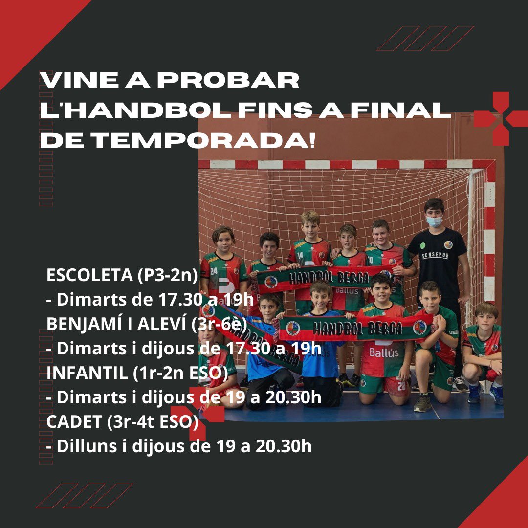 HandbolBerga's tweet photo. Aquest maig i juny vine a provar l’handbol a la jornada de portes obertes! 
Puja a la Sebastianeta, uneix-te aquesta gran família i junts fem que vibri el municipal! 
#SomniArlequinat #VerdiVermells #Sebastianeta https://t.co/ef5hbw7yFe