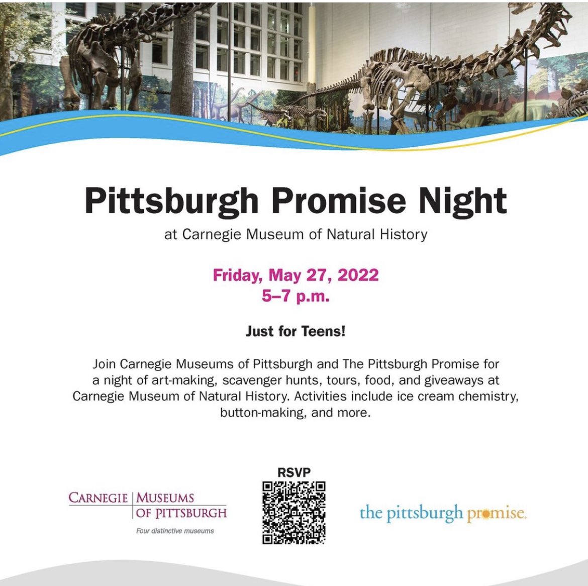 PPSnews's tweet photo. 🗣Did you know @pgh_promise is having #PromiseNight at @carnegiemnh ?
Bring your friends Friday, May 27th from 5-7 pm
Scan the QR code on the flyer to RSVP
#PittsburghPromise #PPSProud #WeArePPS https://t.co/67HYqVtOp5