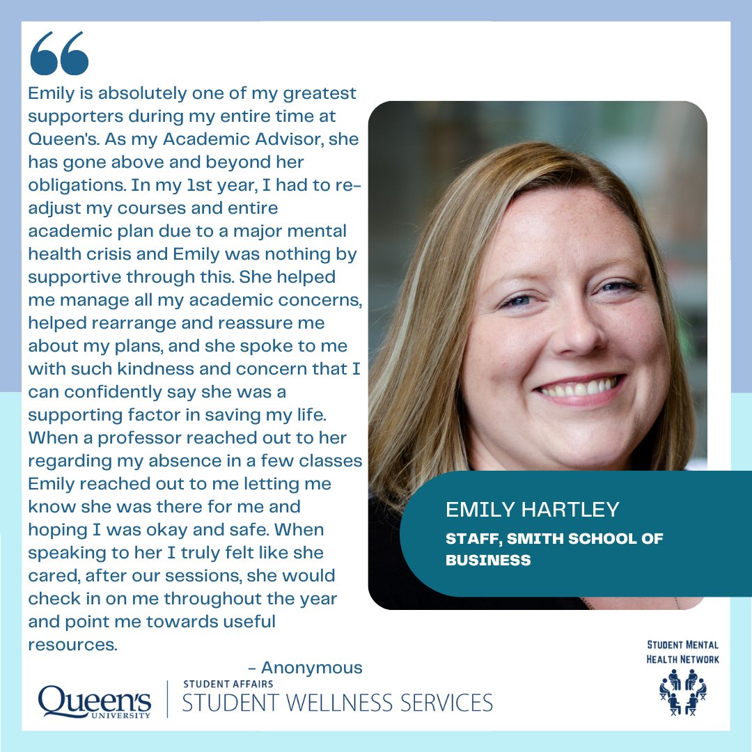 Champion for Mental Health, Emily Hartley. Thank you for all that you do to support student mental health and wellbeing. Click the link in the bio to hear what this Queen's community member has to say about student mental health. #studentmentalhealth #queensu