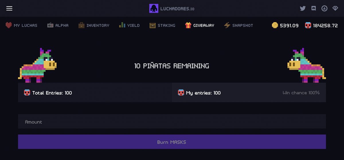 PlayLuchamon's tweet photo. 🎭If you've been staking $LUCHA and earning MASKS, then it's time to enter the draw for 10 piñatas🪅

🔥Burning 1 MASK = 1 entry
🏆1 winner is drawn every other day
⏰First draw - 13th May, 6pm UTC
👉https://t.co/tLS012iPWB https://t.co/ovTbAzvA60