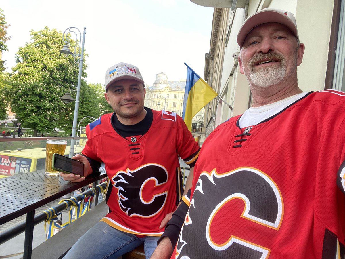 Go #Flames Go from #Lviv, #Ukraine! 
With Roman from #YYC as well who is also working to help w medical supplies for #UkraineWar. <a href="/NHLFlames/">Calgary Flames</a> #NHL