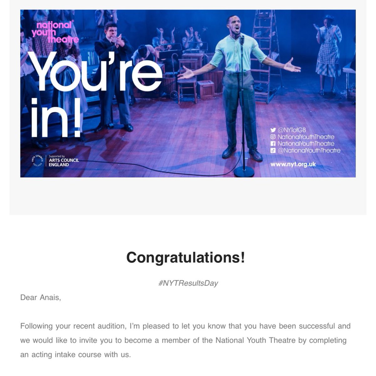 AnaisTrotti's tweet photo. just got into the National Youth Theatre! I'm absolutely elated about it, thank you so much for this opportunity @NYTofGB🥺 https://t.co/CWUo97p2Dv