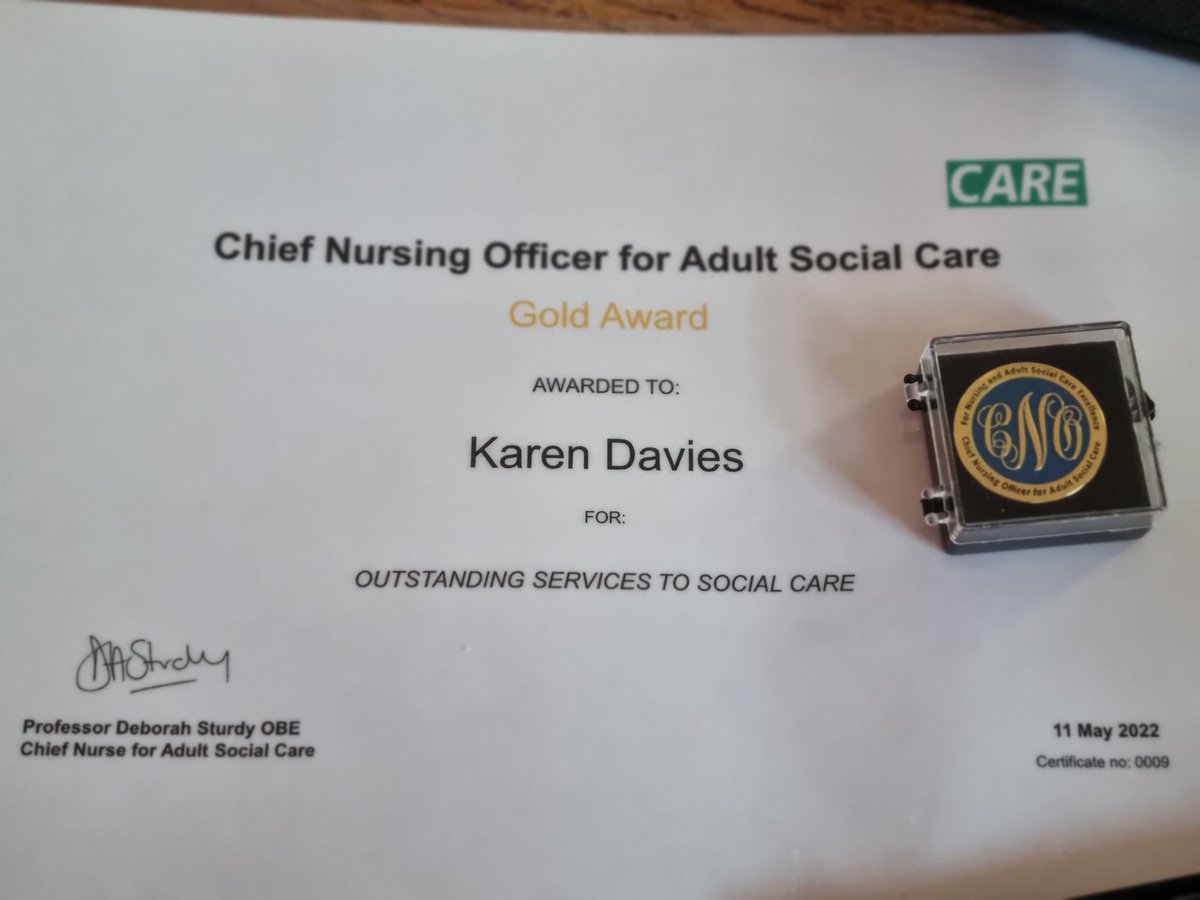 KarenDavies9040's tweet photo. Today, I was presented with the Gold Award for Oustanding Services To Social Care from the Chief Nursing Officer for Adult Social Care Prof Deborah Sturdy OBE.
What a wonderful surprise... I am shocked, teary and lost for words. I truly am so very honoured. https://t.co/8VRqAUzcQB