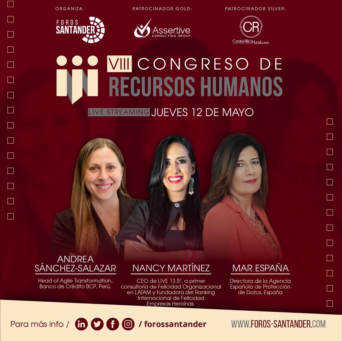 forossantander's tweet photo. Un grupo de conferencistas destacados(as) de #Argentina, #Uruguay, #Paraguay, #Chile, #Perú, #Colombia, #CostaRica, #México, y #España, nos engalanarán con su presencia y diversos enfoques en el VIII CONGRESO DE RECURSOS HUMANOS
 https://t.co/GGTNdF3m3T
  @CostaRicaAzul https://t.co/l6RQ4EovhJ