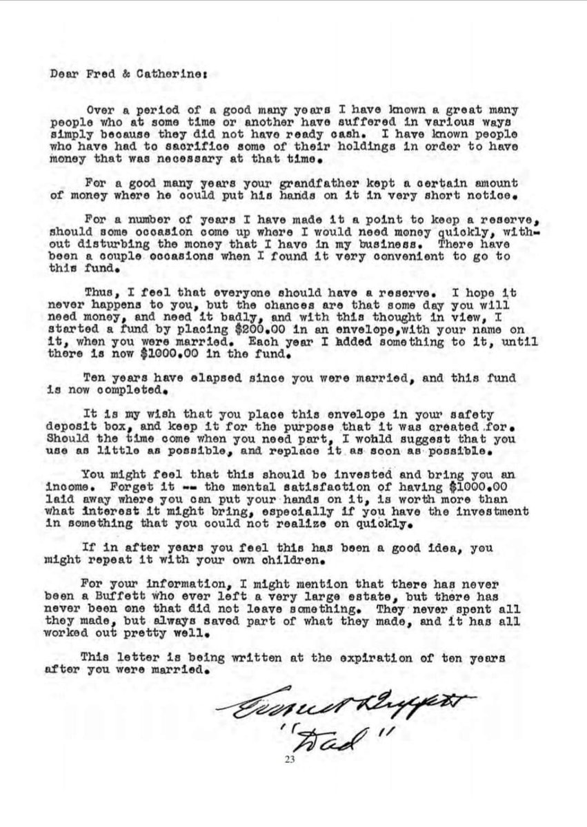 dmuthuk's tweet photo. Warren Buffett once shared his grandfather's letter. Age old wisdom on importance of emergency fund. https://t.co/hVoVmqaEJU