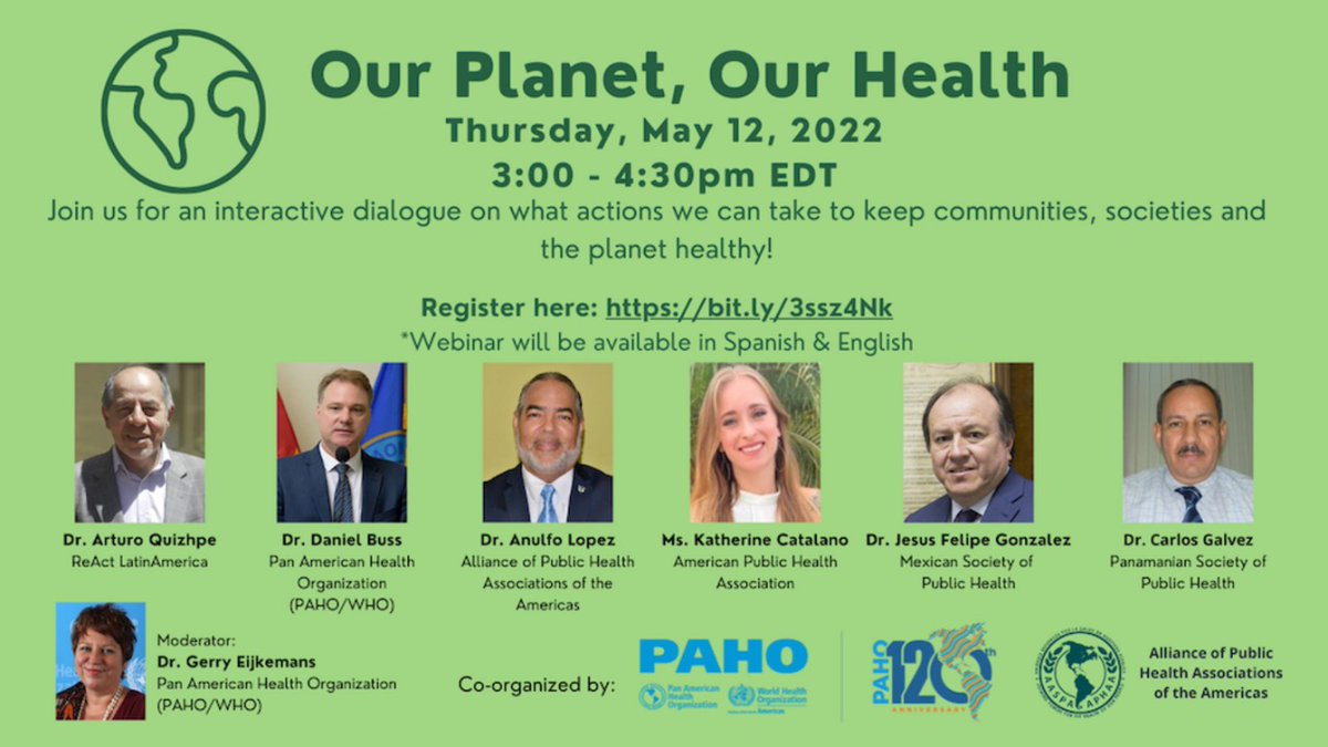 Participa en el seminario virtual Nuestro Planeta, Nuestra Salud. 
🗓️ Jueves 12 de mayo 
⏰ 3:00 p.m. 
Habrá traducción simultánea al español e inglés.
Regístrate aquí ⤵️
paho.org/en/events/our-…
<a href="/_AASPA/">Alliance of Public Health Associations of Americas</a>  <a href="/PublicHealth/">APHA</a>