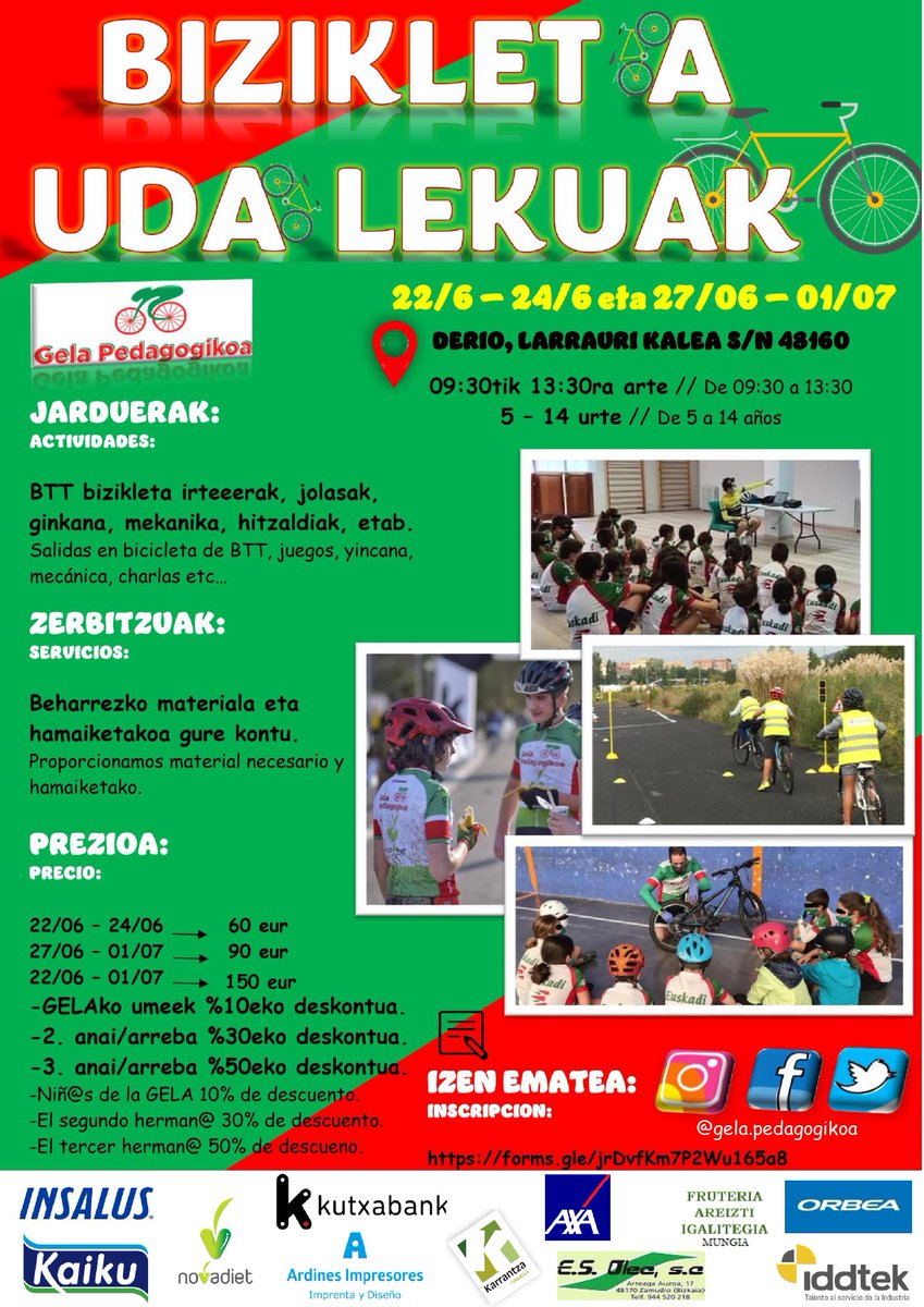 GelaPedagogikoa's tweet photo. 🚵‍♀️🚵 Gela Pedagogikoko bizizkleta udalekuetan izena emateko epea ireki da. Anima zaitezte!

🚵‍♀️🚵 Abierto el plazo para apuntarse al campus iclista de la Gela. ¡Animaos!

https://t.co/ioUljxzAym https://t.co/lprGS98y4q
