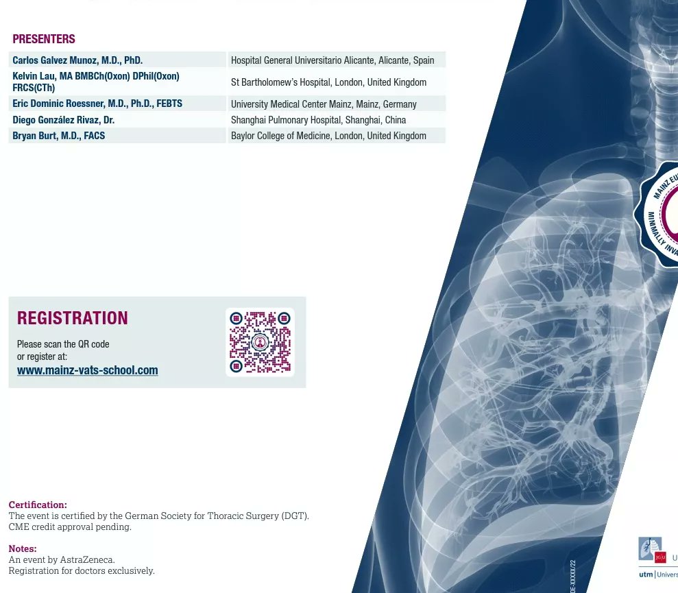 SToracica's tweet photo. 👨🏻‍🏫 Mainz European School of Minimally Invasive Thoracic Surgery
💻 Online Education for Thoracic Surgeons
✒ https://t.co/BriftlSBaq https://t.co/xE8X3iovew