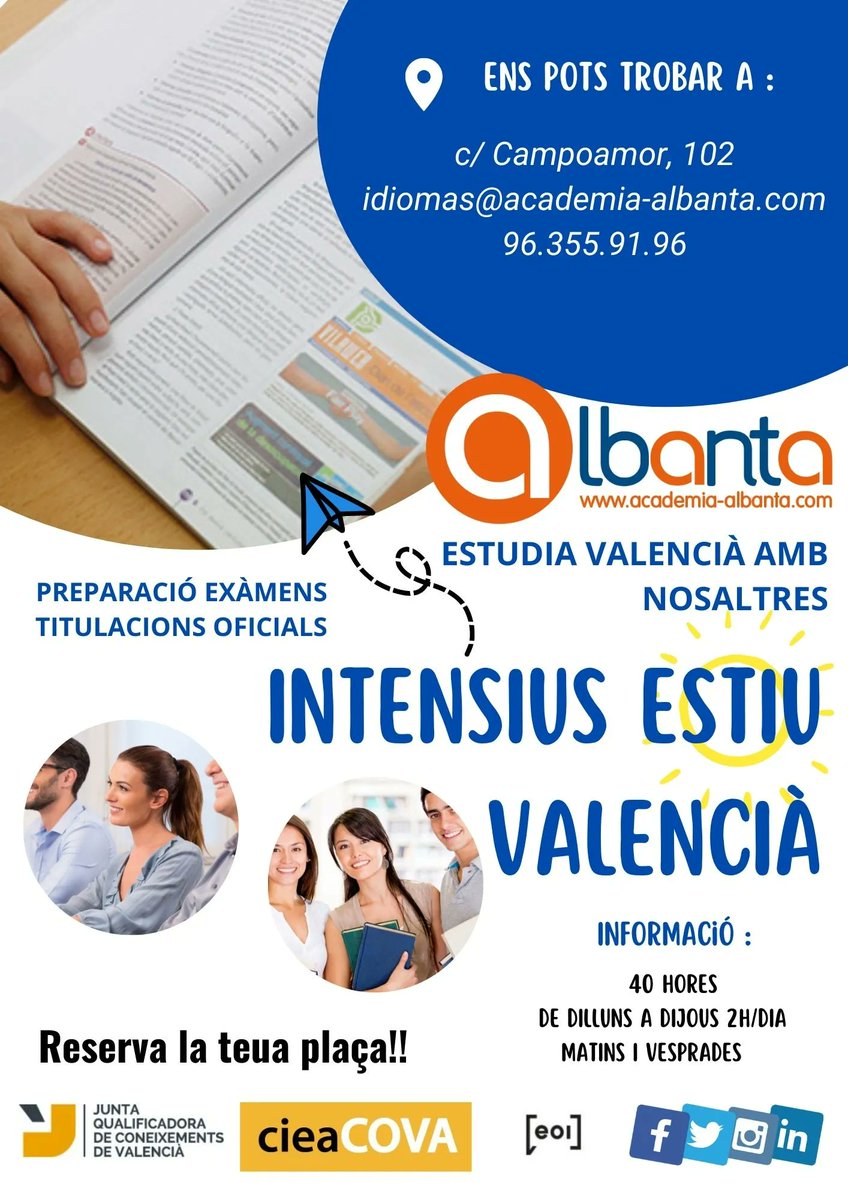 AcademiaAlbanta's tweet photo. 📝Sabeu que tenim obert el període d'inscripció per als cursos intensius d'estiu de Valencià?
I sabeu que podeu reservar també per al curs de "manteniment" al setembre per a preparar la convocatòria d'octubre de la #JQCV ?
#cursintensiuvalenciaestiu #valenciaestiu https://t.co/s6UelUfHFX