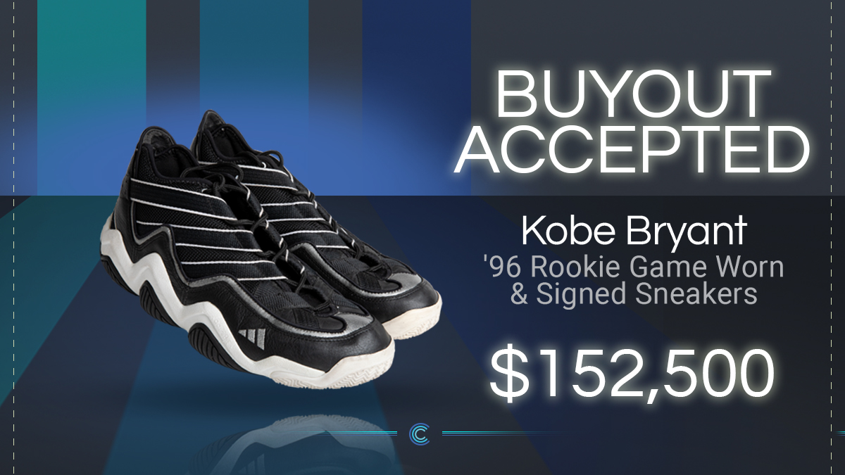CollectableApp's tweet photo. Breaking News - Buyout Offer ACCEPTED 🏀

Collectable Shareholders ACCEPTED the $152,500 offer on the '96 Rookie Game Worn &amp; Signed Sneakers - Congrats to all shareholders 🎉

Full details here: https://t.co/xSikmm8LYY

#collectableapp #thehobby #kobe #nba https://t.co/j6EoDkyBDQ