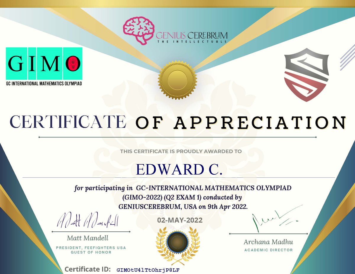 dsahsokc's tweet photo. Congratulations to our students, Matthew, Nour, Ayse, Jonathan, and Edward for their recognition from Genius Cerebrum International Math Olympiad. Keep it up Dove Rockets and thank you to their math coach Mr. Eskikurt. #Matholympiad #disciplined #organized #vigorous #education https://t.co/4soTNp7lje