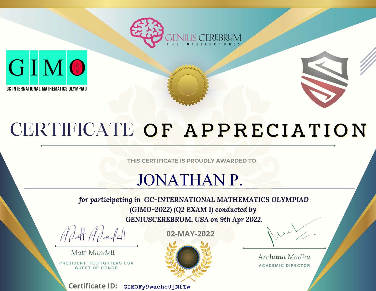 dsahsokc's tweet photo. Congratulations to our students, Matthew, Nour, Ayse, Jonathan, and Edward for their recognition from Genius Cerebrum International Math Olympiad. Keep it up Dove Rockets and thank you to their math coach Mr. Eskikurt. #Matholympiad #disciplined #organized #vigorous #education https://t.co/4soTNp7lje