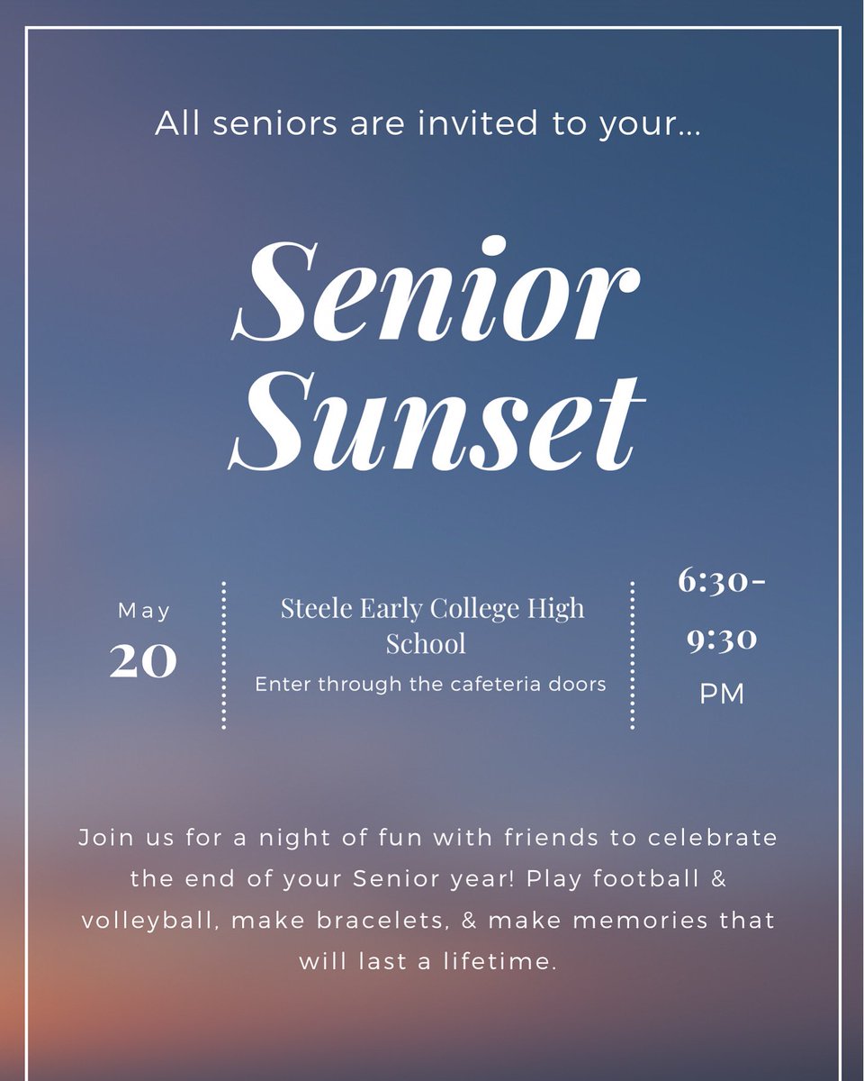 HonorSechs's tweet photo. SENIORS!! Senior Sunset is coming up next Friday, May 20, from 6:30-9:30 PM! Join us for a night of fun to celebrate the end of your Senior Year. We are excited to see everyone there! @JMSteeleAHS https://t.co/vop13L0muq