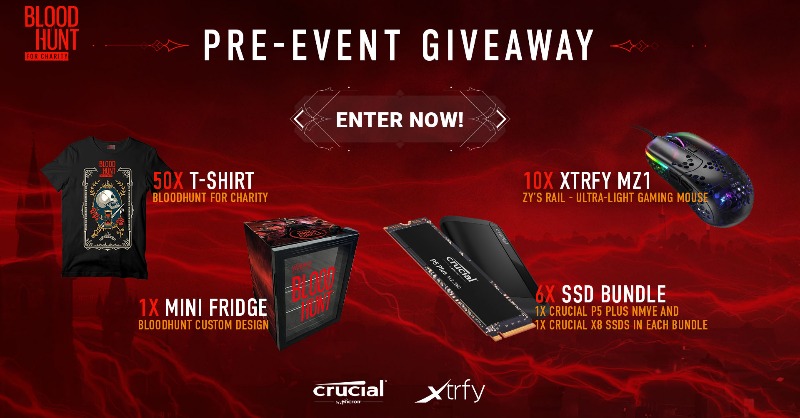 Bloodhunt's tweet photo. Heard you like winning, huh? Then let's start the hype train for our Bloodhunt for Charity event with a giveaway!🔥

Join to have a chance of winning these awesome prizes. The more actions you do - the bigger your chance of taking them home.

Good luck🍀