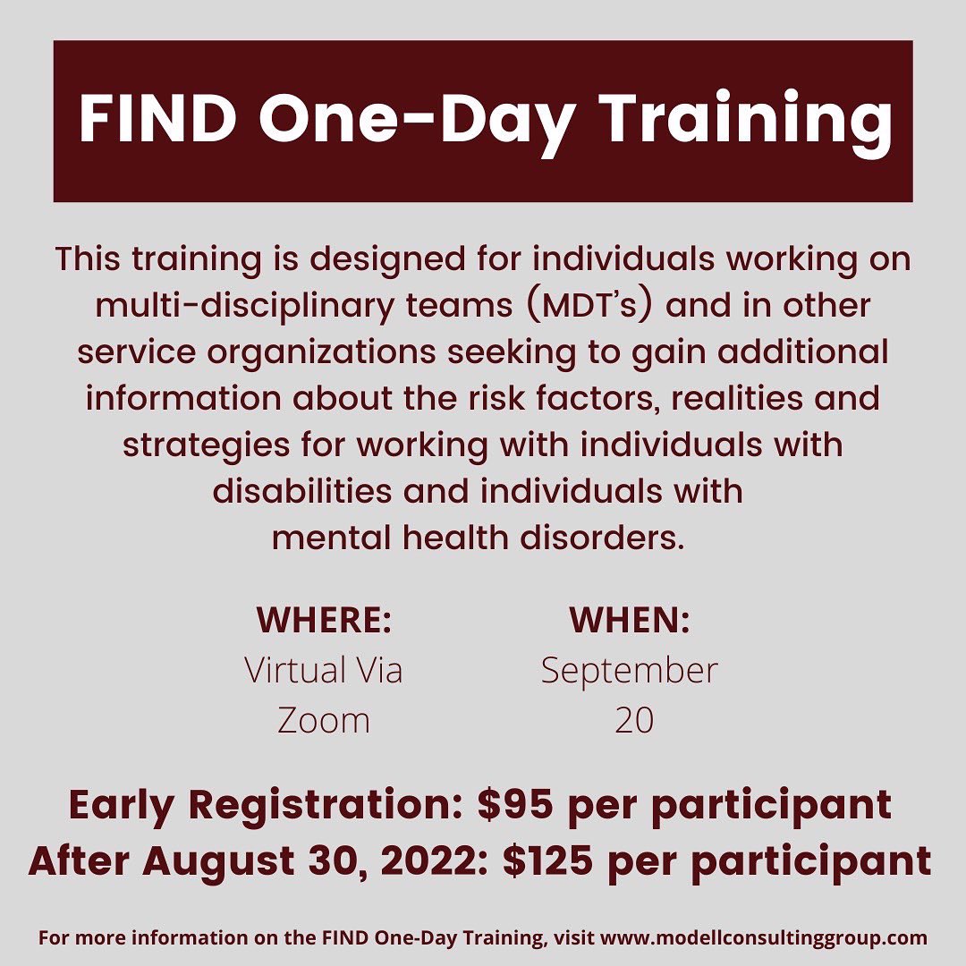 Modellconsult's tweet image. Sign Up Now! FIND One-Day Training. Register before August 30 to receive a pricing of $95 per participant. Register after August 30 and pricing increases to $125 per participant. 
 
For more information or how to sign up, click the link in our bio! #mcg #FIND #forensicinterview