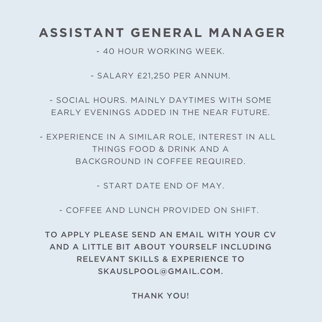 • WE ARE HIRING •

SKAUS are looking for a new Assistant General Manager.

Swipe left for full info and how to apply… ✨