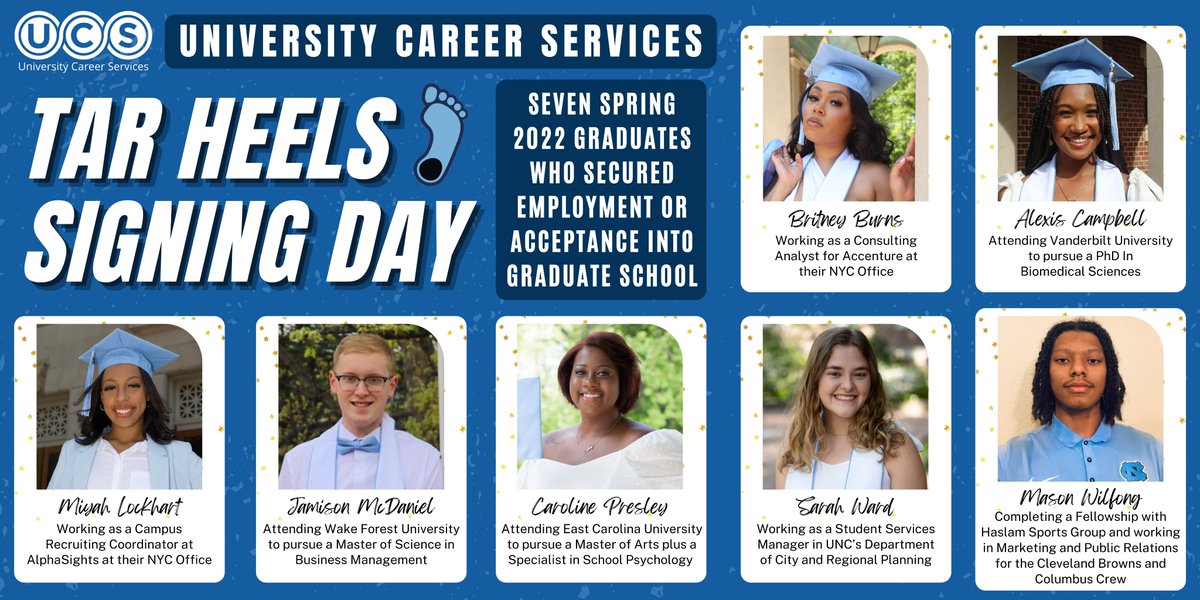 Tar Heels Signing Day highlights graduates who have secured employment or acceptance into graduate school. Read about the 7 graduates who were selected by UCS staff members. unc.live/3N67rlk