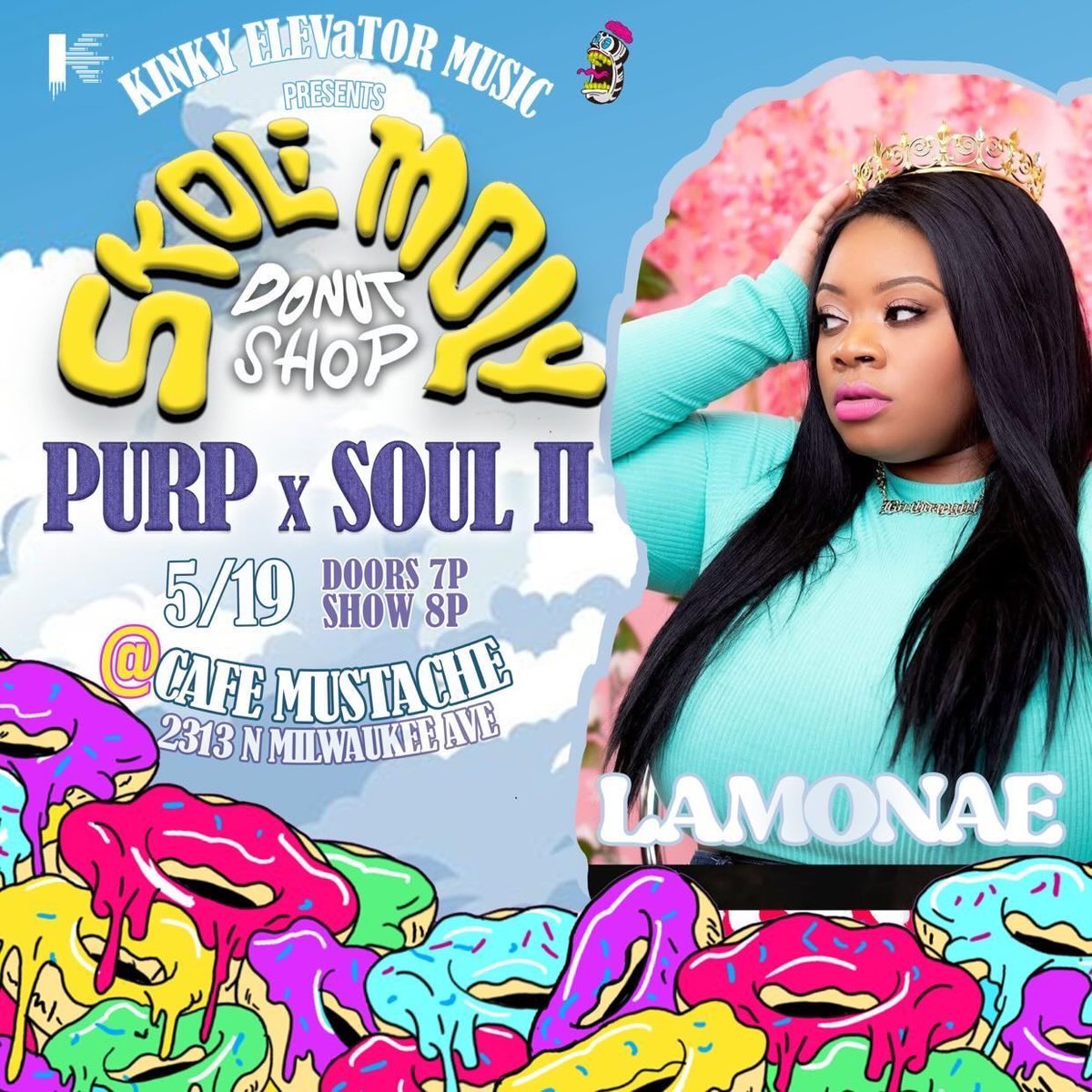 OfficialLamonae's tweet photo. Wassup Gang!! I got a show 5/19 @djskoli “Skoli Moly Donut Shop”  pull up to Cafe Mustache 2313 N Milwaukee Ave!! Its about to be lit so beat me there!! Must show proof of vaccine for entry as well !! #Lamonae #DJSkoli #skolimolydonutshop #CafeMustache https://t.co/cCpTlnSpPd