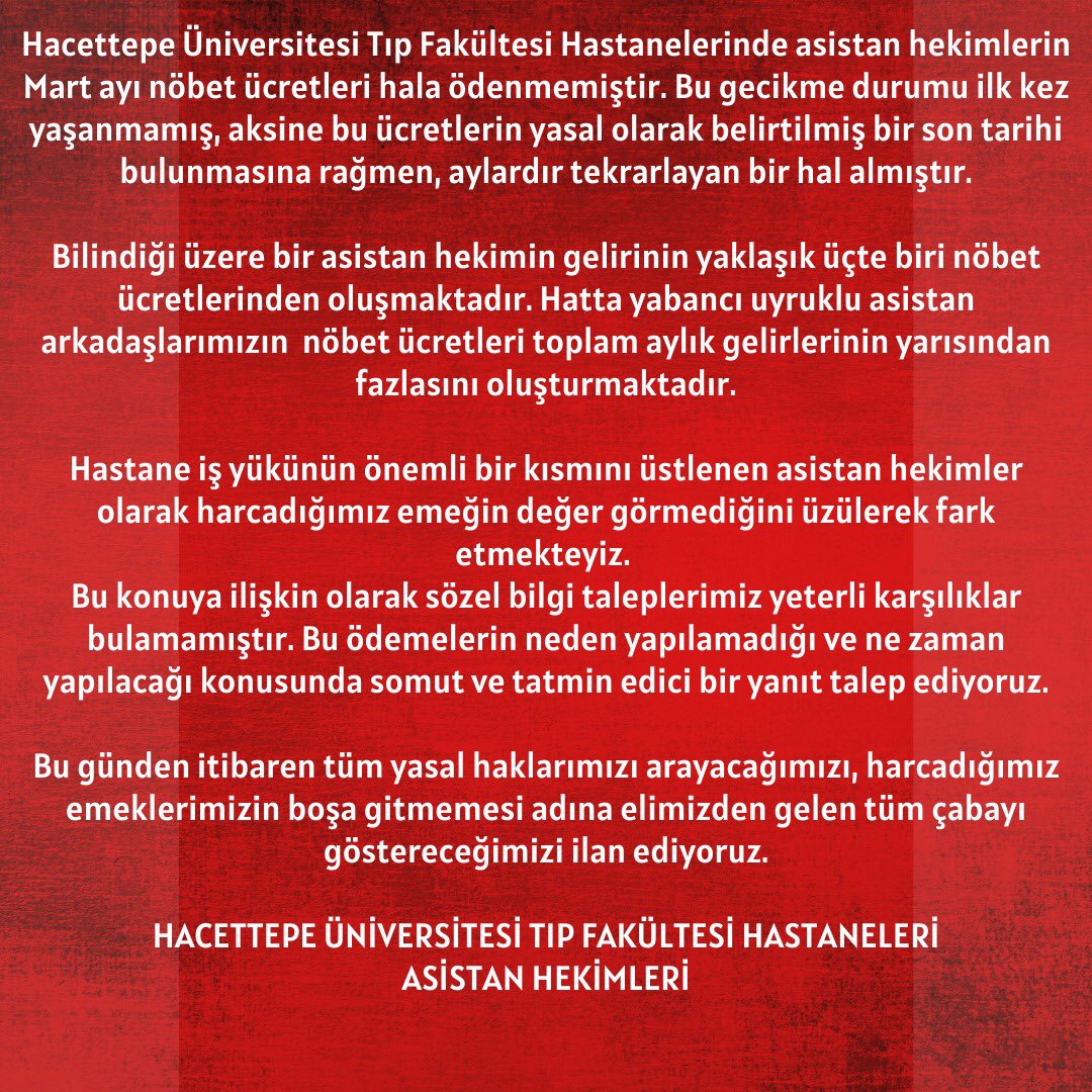 Hacettepe Hastanesi asistan hekimlerin Mart ayı nöbet ücretlerini hala yatırmadı. Yapılan görüşmelere rağmen sonuç alınamadı. Bu ödemelerin ne zaman yapılacağı konusunda somut adımlar talep ediyoruz. 

#asistanhekimlerinhakkıödenmiyor