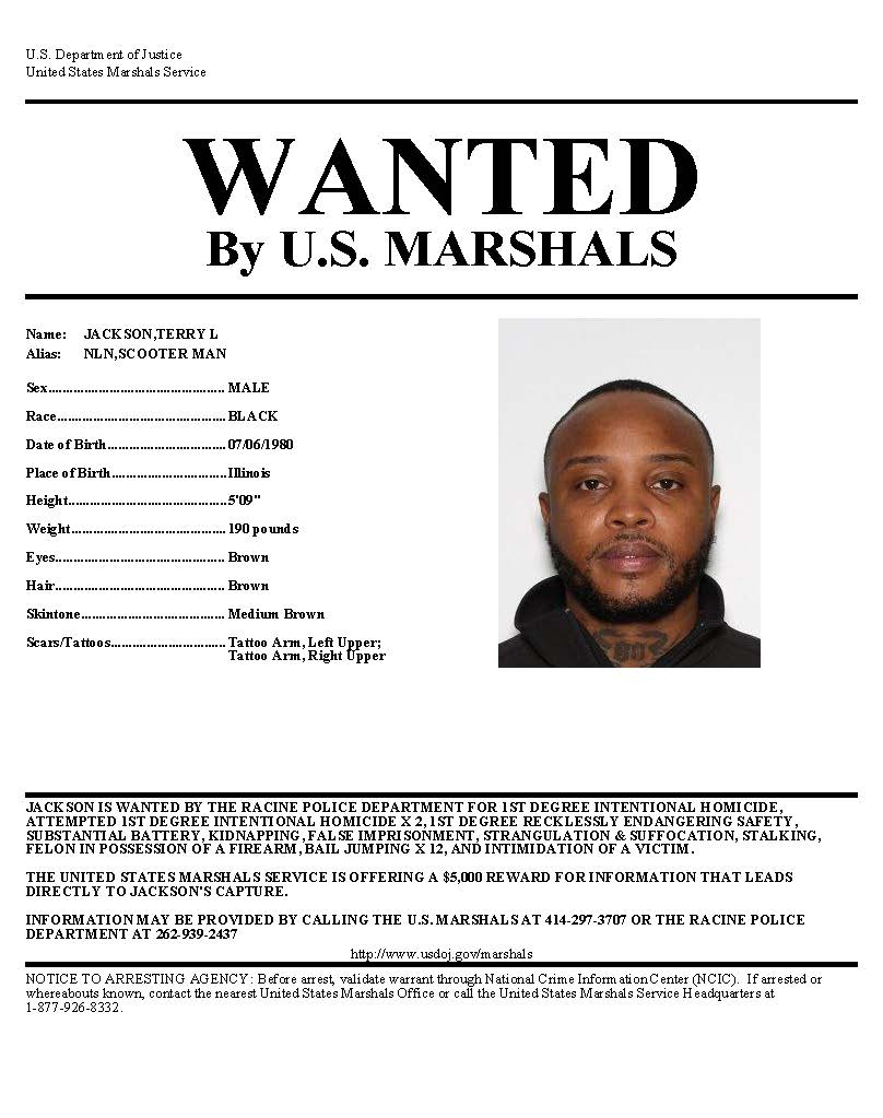 USMarshalsHQ's tweet photo. The U.S. Marshals Great Lakes Regional Fugitive Task Force, in coordination with the Racine Police Department, is offering a $5,000 reward for information leading to the arrest of Terry “Scooter Man” Jackson. https://t.co/VDJxe1EM6I