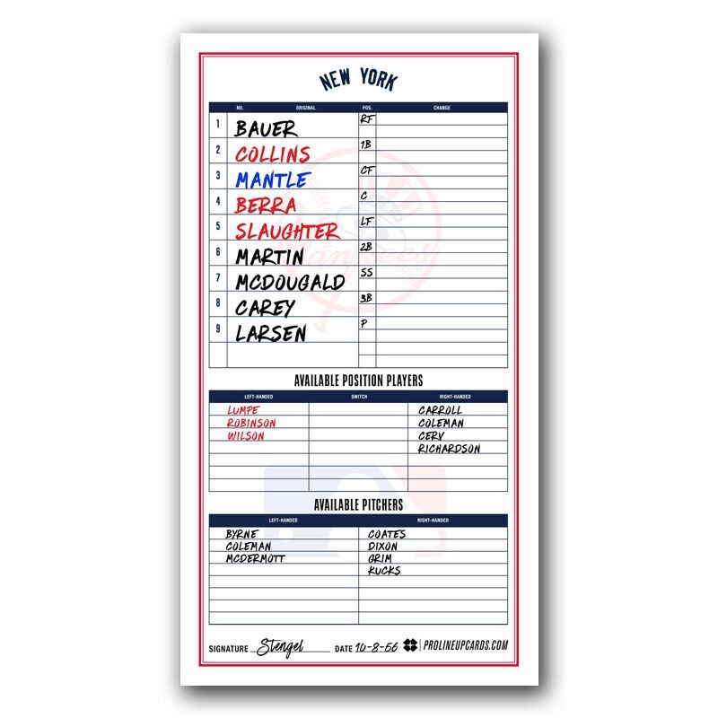 prolineupcards's tweet photo. Check out the Yankees Lineup Card for Don Larsen's perfect game in the 1956 World Series! What is your favorite World Series memory? #WorldSeriesWednesday
Get your custom Lineup Cards and Dugout Charts at https://t.co/n50VzOBugg https://t.co/gfvngi25uW