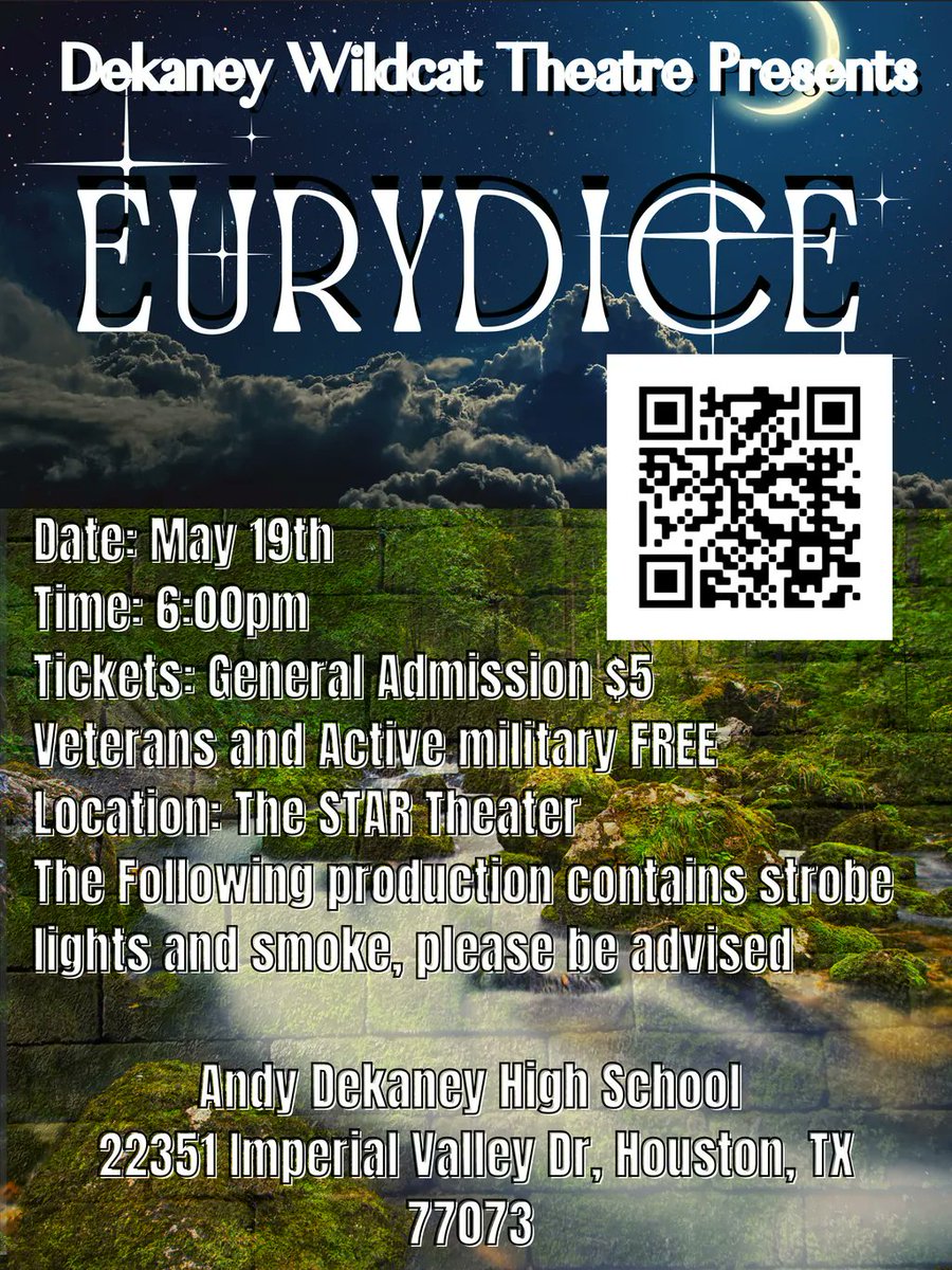 Don't miss your chance to see Dekaney Wildcat Theatre perform, 'Eurydice by Sarah Ruhl' At Andy Dekaney High School in The Star Theatre on May 19th, 2022 at 6 P.M. Purchase your tickets here: buff.ly/3slXbxe