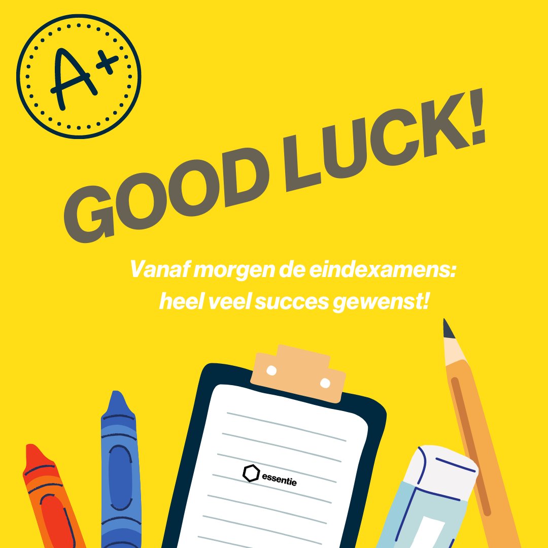 📚 🍀 𝗘𝗶𝗻𝗱𝗲𝘅𝗮𝗺𝗲𝗻𝘀!

Vanaf morgen starten de eindexamens voor het vmbo, havo en vwo. Essentie wenst alle scholieren heel veel succes met het maken van examens! 

-
-
-
-

#eindexamen #scholieren #middelbareschool #examen