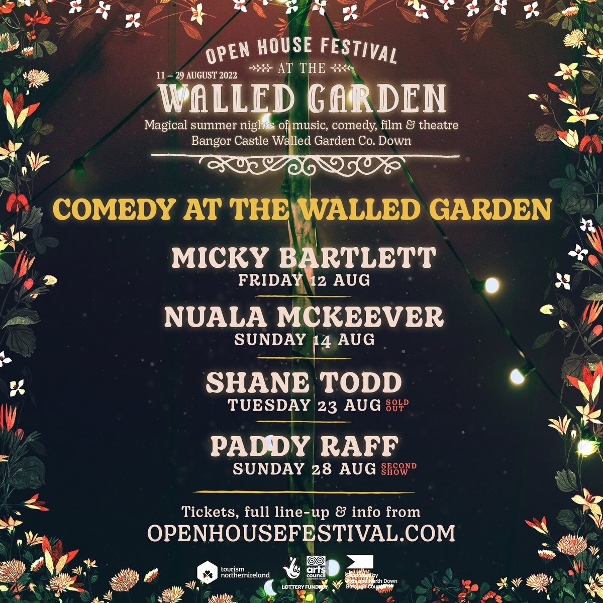 We've some of Northern Ireland's best comedians joining us in the Walled Garden this August. All remaining tickets are available from our website openhousefestival.com