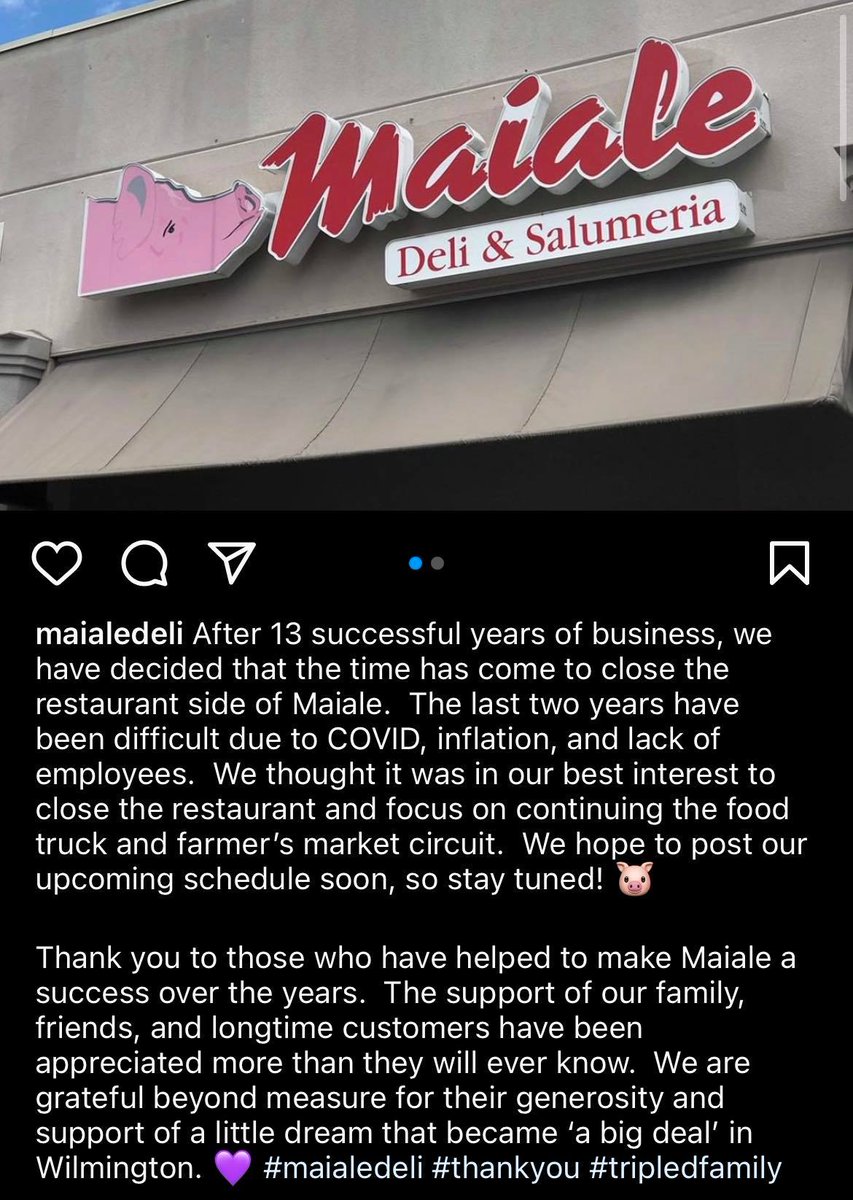 MaialeDeli's tweet photo. After 13 successful years of business, we have decided that the time has come to close the restaurant side of Maiale. #maialedeli #closing #wilmde https://t.co/KElN15Noqr