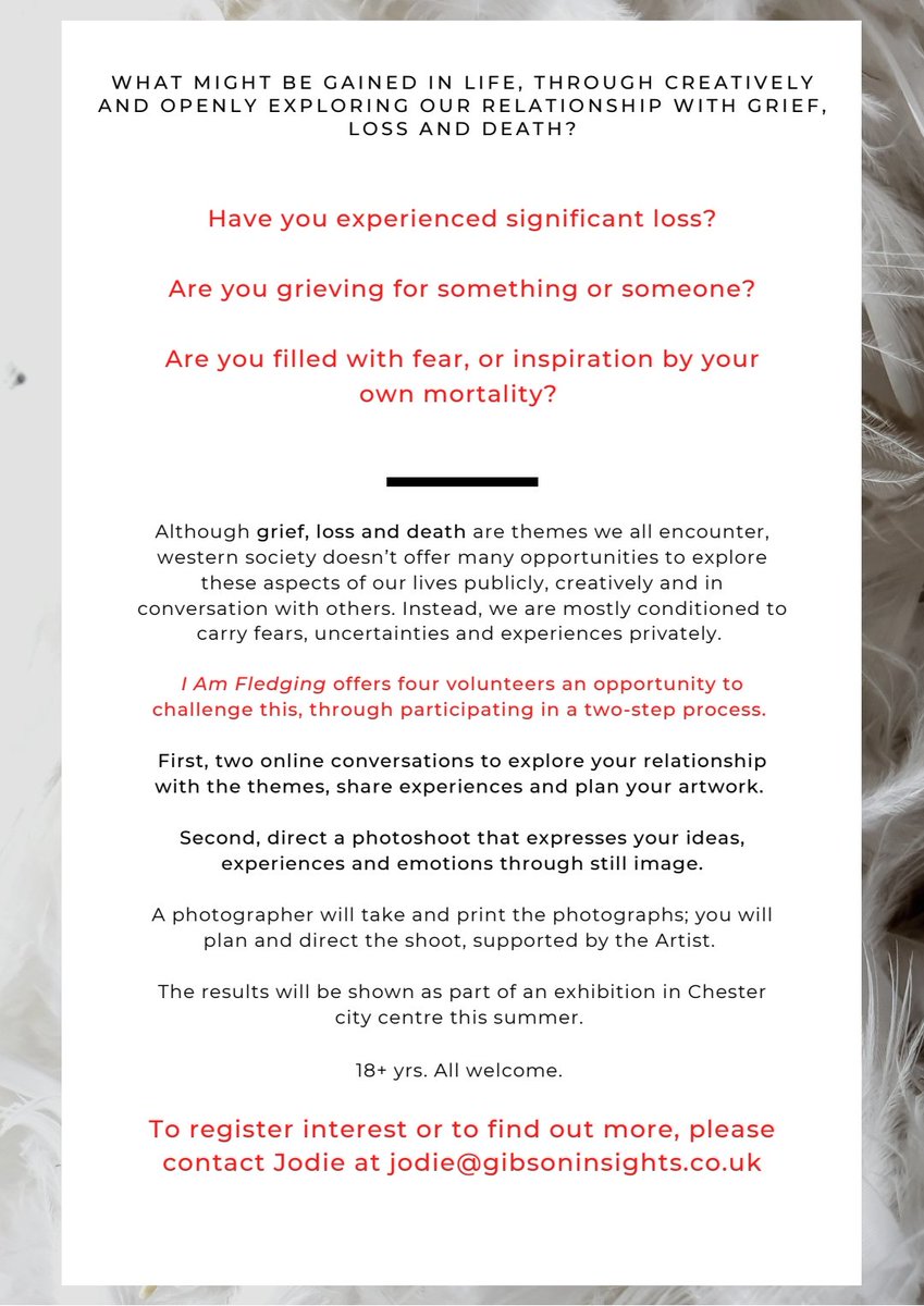 Seeking volunteers (2 x spaces left) open to creatively exploring their experiences around loss &amp; grief. 

The collaboration will culminate in you directing your very own outdoor photoshoot in #Chester, for a July exhibition in the City. 

Get in touch if interested.
<a href="/ShitChester/">12 years of Shitchester</a>