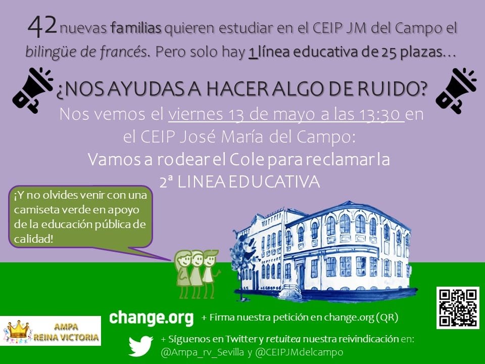 ampa_rv_Sevilla's tweet photo. 📝 Viernes 13 cadena humana para rodear nuestro @CEIPJMdelcampo queremos su blindaje ante los ataques de @EducaAnd @macarflo #DevolvedLaLineaYa #NoQueremosOtroCole 42 FAMILIAS sin respuesta #BajadlaRatio
@fampasevilla
Trae tu camiseta verde #PorlaPublica https://t.co/1C9rheLJT3
