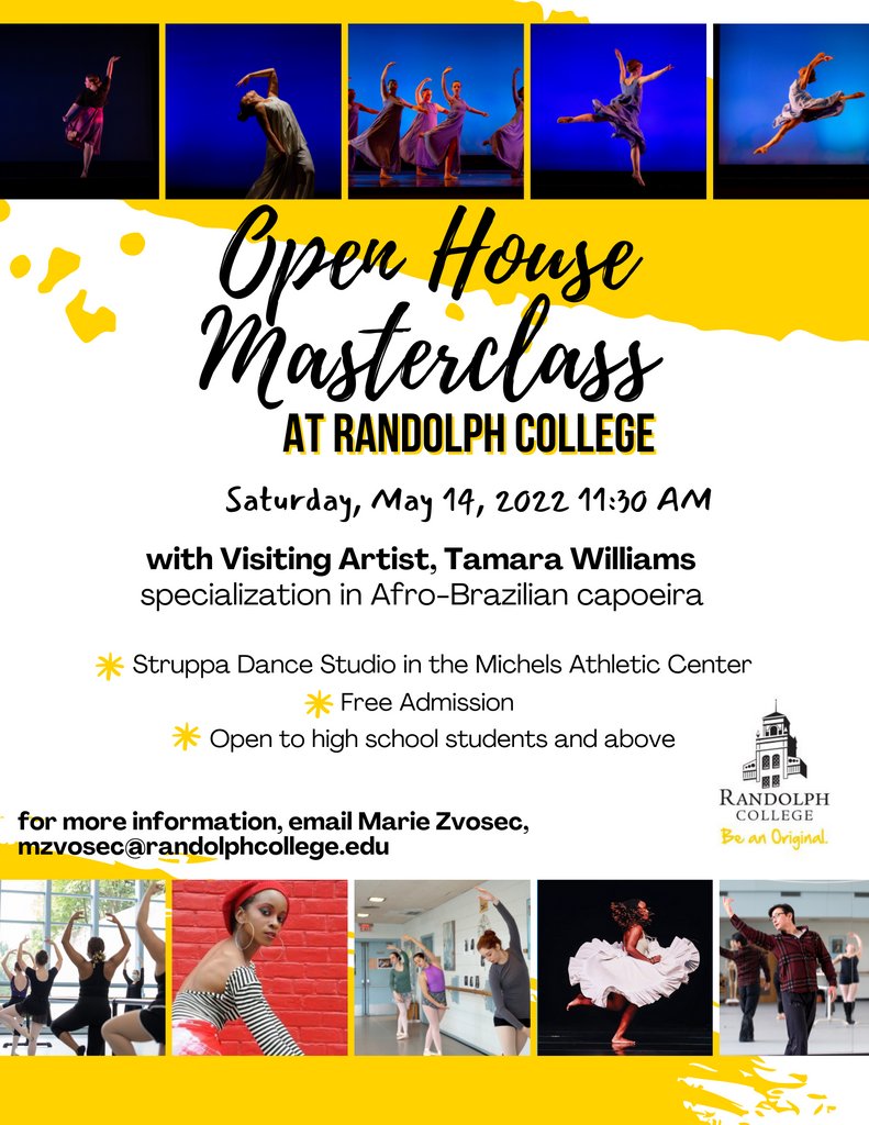 applytorandolph's tweet photo. Come join Randolph College's Dance program for a masterclass with visiting artist Tamara Williams this SATURDAY! We would love to have you! It's free admission, and open to high school students and above! 

Link to register is in our bio! https://t.co/FBNtwQStu1