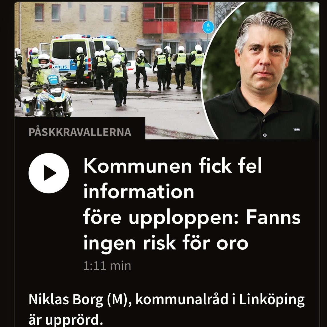 Helt sjukt att polisen i Linköping bedömde risken för oroligheter under påsken till mycket liten, samtidigt som nationella polisledningen tydligen glömt bort underrättelserapporter som varnade för våldsamma upplopp i Linköping.
Hur kan det ens få hända???