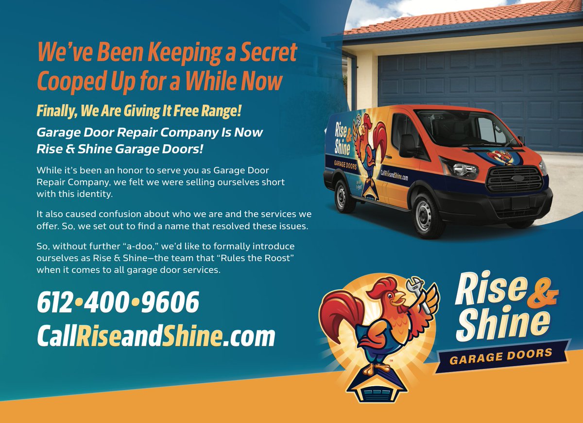 kickcharge's tweet image. 🐓COCK-A-DOODLE-DOO: We&apos;ve been keeping this #brand cooped up for a while—but we&apos;re thrilled to finally give it free range! Chick out Rise &amp;amp; Shine Garage Doors based in the #TwinCities. 

#notgeneric #brandednotblanded #getthespark #kickcharged #kickchargecreative