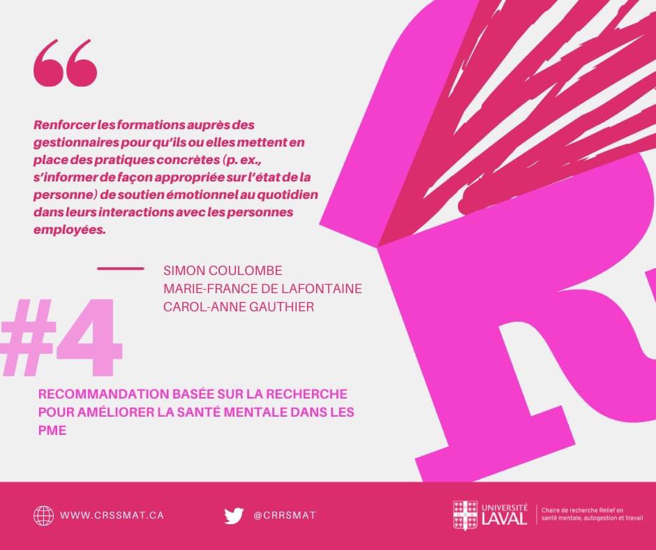 Merci à <a href="/beneva_ca/">Beneva</a> pour son soutien à la Chaire, ce partenariat a permis entre autres la réalisation du rapport de mars dressant 11 recommandations concrètes pour améliorer la santé mentale en PME. Voici la quatrième 👇 4/11.

@monrelief <a href="/universitelaval/">Université Laval</a> 
#travail #santémentale