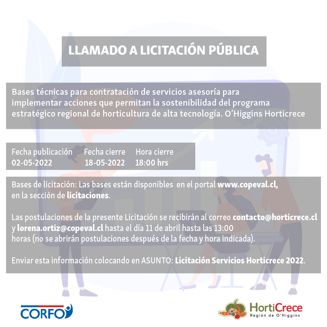 📌Nuevo llamado
Buscamos a una persona, empresa de asesorías o servicios de estudios, que permitan al programa O'Higgins HortiCrece ser
sostenible a través de la implementación de estrategias acordes a los objetivos del proyecto.
Revisa acá las bases: bit.ly/3LIzvL7