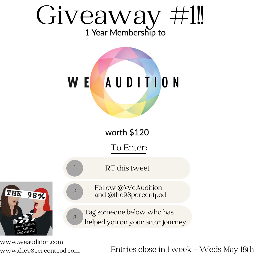 ✨Giveaway number 1!✨
Thank you <a href="/WeAudition/">WeAudition</a> for gifting a years subscription to their platform to a lucky winner!! Inspired by co-founder Darren’s infectiously positive stories from our recent podcast episode, let’s spread the love and follow the instructions below to win!